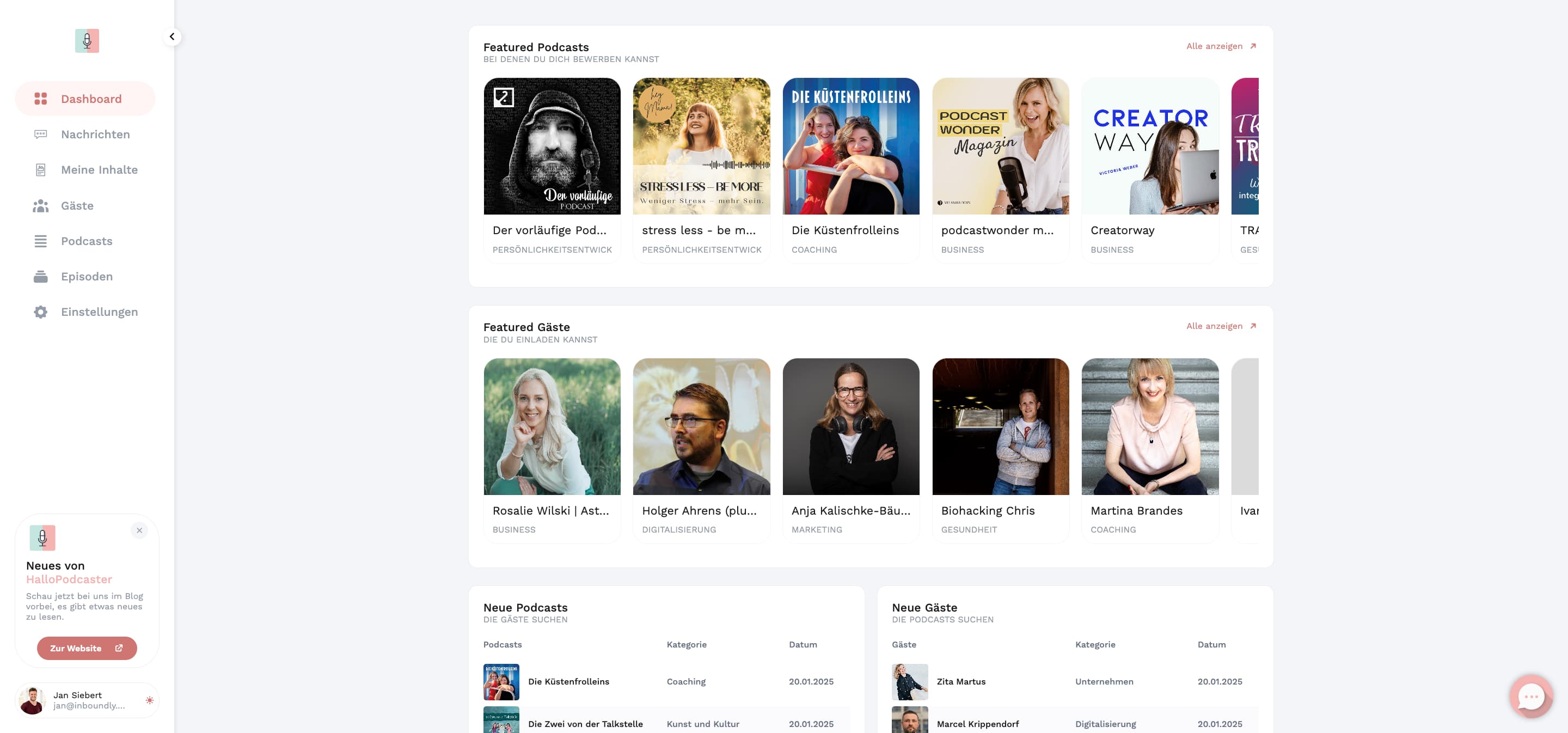 HalloPodcaster Marktplatz – Dashboard mit Podcasts und Gästen