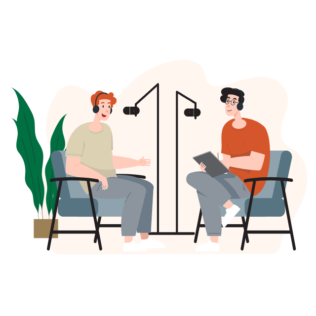 Podcast-Interview: Host und Gast im Gespräch mit Mikrofonen